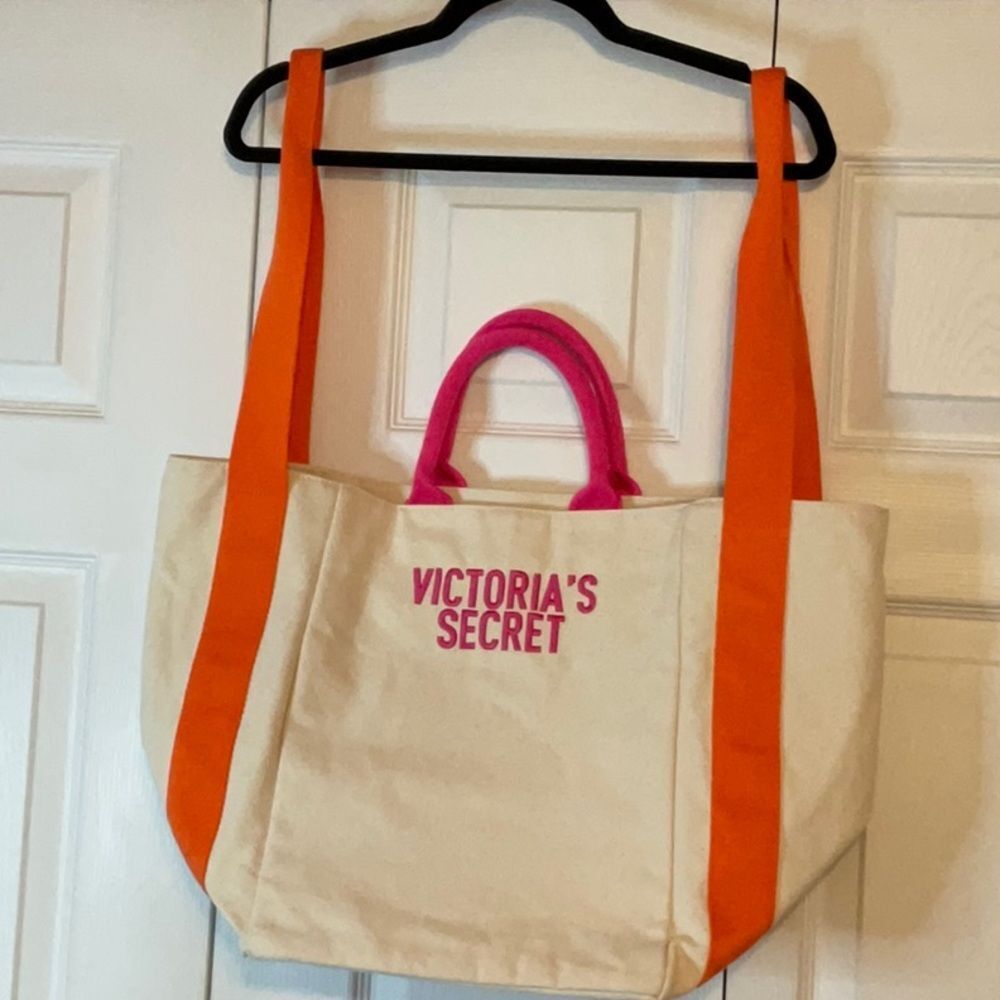Victoria’s Secret Cream Orange Pink Canvas Tote Weekender Bag New